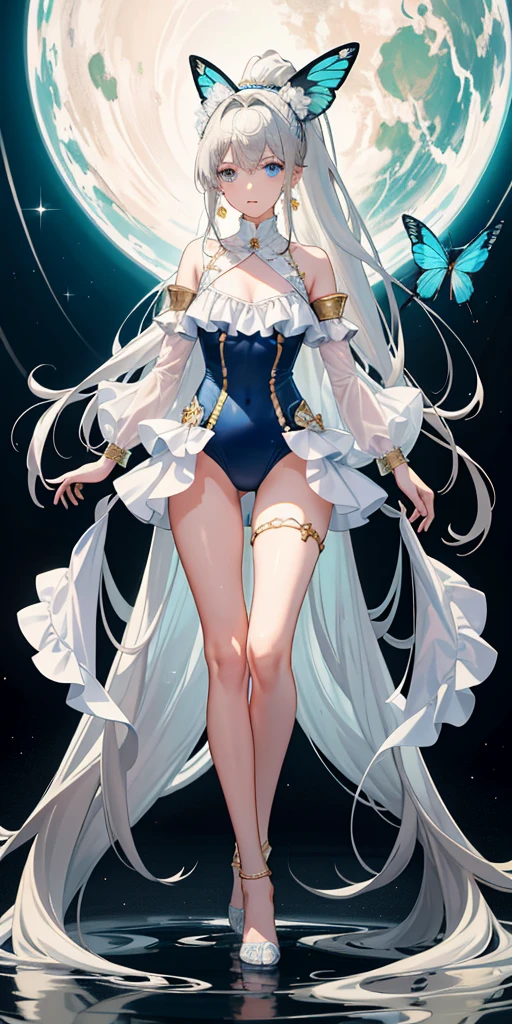 High resolution, masterpiece, Accurate, Highest quality, number々Awards for, High resolutionモデル, 
Heavy bangs, Silver Hair, Wet Hair, Super long hair, ponytail thin、White skin, Ice blue eyes butterfly hair accessory, Crystal Earrings,Gold anklet swimsuit, Bikini with ruffles, Pareo full body, Character portrait