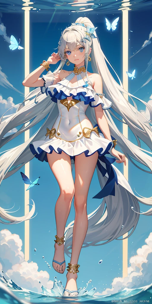 High resolution, masterpiece, Accurate, Highest quality, number々Awards for, High resolutionモデル, 
Heavy bangs, Silver Hair, Wet Hair, Super long hair, ponytail thin、White skin, Ice blue eyes butterfly hair accessory, Crystal Earrings,Gold anklet swimsuit, Bikini with ruffles, Pareo full body, Character portrait