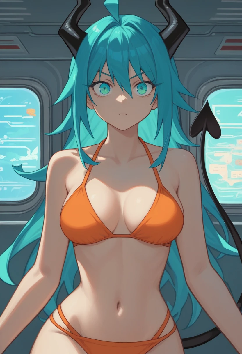 score_9, score_8_up, score_7_up,1 daemon woman, black  horns,1 black demon tail, (aquamarine hair),aquamarine green color hair,ahoge, long hair, (long hair),bangs, light orange bikini, bikini is orange, bikini orange, orange bikini!, (aquamarine eyes), background is spaceship, aquamarine eyes, 1woman ,facing viewer, daemon girl,  close up,Well-endowed, alone, Spacecraft interior, dynamic pose