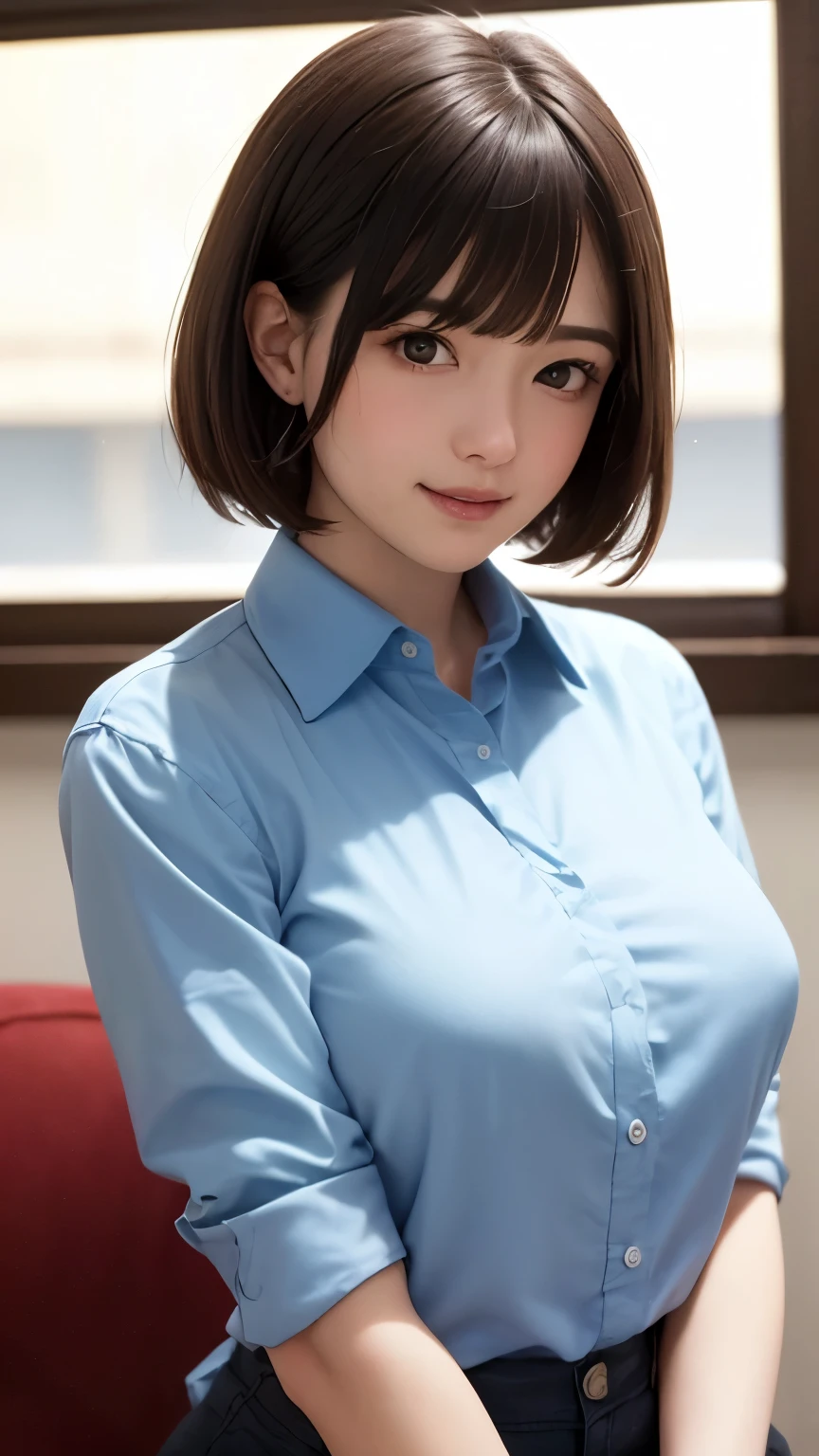 (8k、Highest quality、masterpiece:1.8、bangsのあるショートボブヘア:1.8、Everything is beautifully detailed)、(Genuine、Genuineistic:1.5)、Very detailed、1 girl、cute、alone、Sitting、 (smile:1.15)、(Shut your mouth.)、big breasts、Looking into the camera、Looking into the camera胸、{gigantic|big|huge|mega} breasts, cleavage、Beautiful and beautiful eyes、big, Detailed and beautiful eyes、Transparent double eyelids、eyelash、lips、(Collared shirt:1.6)、(short hair:1.2)、bangs、beautiful long neck、smile、Shut your mouth.、cute face、Genuineistic skin types、Genuineの質感、Unbutton、淡いピンクのlips、There's Genuinely no background、Genuinely pure white background、28 years old,Natural light、上lipsが厚くない