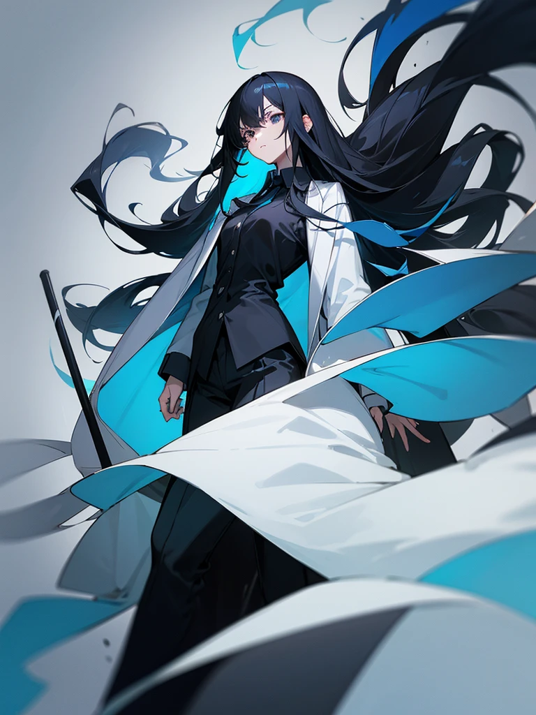 The image features an anime female character with long black hair highlighted with blue. The character has a serious and calm expression, with large, clear black eyes. They are wearing a white coat over a high-collared black shirt. The background of the image is black