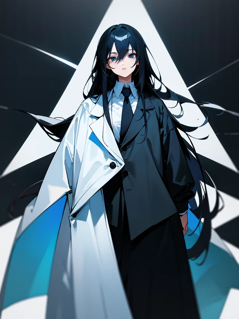 The image features an anime female character with long black hair highlighted with blue. The character has a serious and calm expression, with large, clear black eyes. They are wearing a white coat over a high-collared black shirt. The background of the image is black
