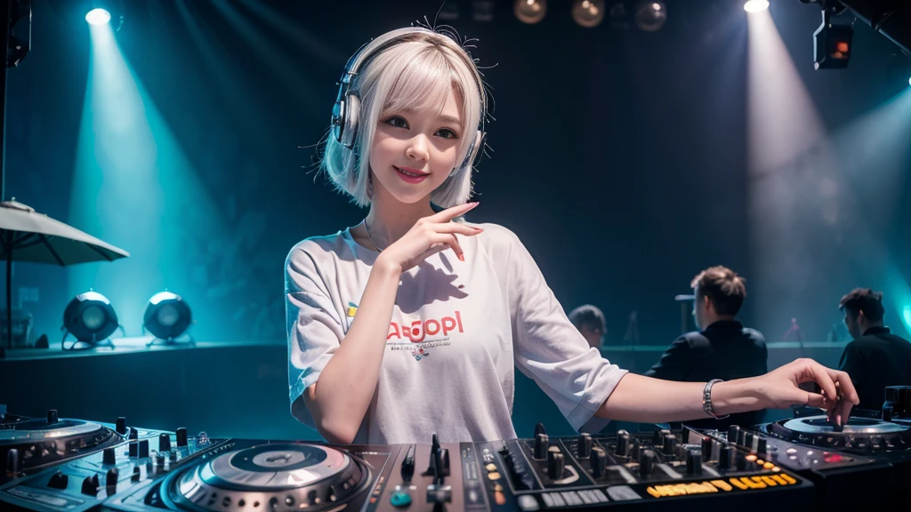 (ultra - detailed, 16K resolution, Cinema lenses, rendering by octane), (high resolution:1.18), intricate detail, (masterpiece:1.1), (highest quality:1.1), (1girl, portrait, white hair, blue eyes, short hair, detailed eyes),Wearing silver DJ headphones, sequined T-shirt, (in the beach:1.5), (Iconic hip-hop pop costumes:1.3), Smile while DJing on stage, DJ studio next to the beach, ((A stylish DJ stage on a hill overlooking the beach)), full body shot, Photorealistic photography by Sunshine, (cute round face:1.3), perfect fingers, five fingers, beautiful hands, perfect hands. master peace, cute smile, Fixhand.