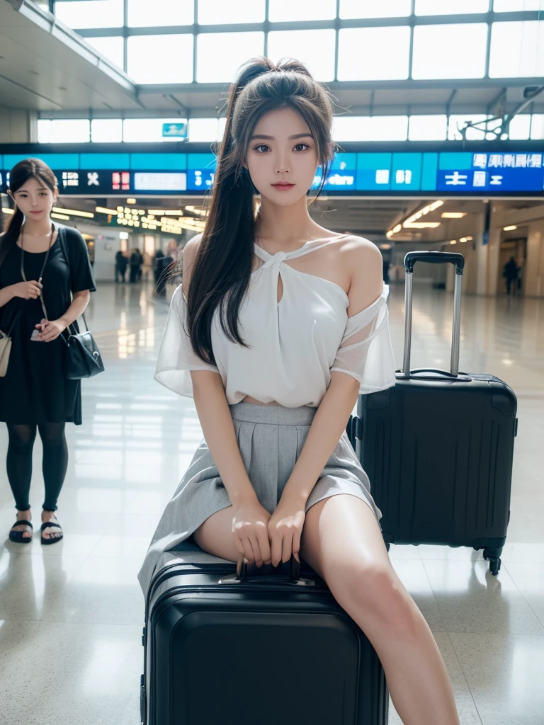 Best quality, Masterpiece, (Photorealistic:1.4)Ultra-clear,,Hand detail enhancement,Light and shadow intensification,ren,Perfect facial features,Bright eyes,Pubic area is clear,Hand detail enhancement,Full body screen,ChineseGirl,middlebreast,long leges,High ponytail,JK skirt,blacksilk,ssmile,Wear casual clothes,Take photos in the waiting hall of the high-speed rail station,Hand pull suitcase,