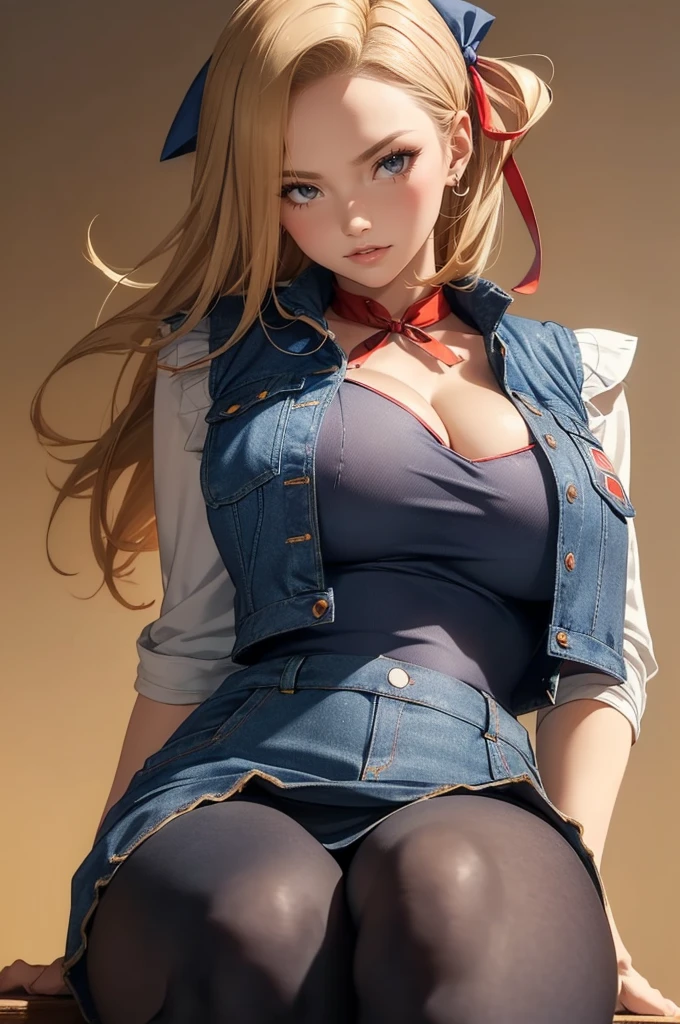 (masterpiece, best quality, cinematic, photorealistic, ultra-detailed), (1girl, Android 18), (wide shot, from the front:1.4), (wearing a blue denim vest and skirt, with the Red Ribbon logo on the back of the vest, with dark blue tights:1.5), (wearing a black shirt that has white and black striped long sleeves), (short blonde hair:1.2), perfect hands, perfect face, (wide hips, long round legs, sexy legs, round ass), (large cleavage, massive natural tits), (dark brown eyes, soft and shimmery eyeshadows, detailed pupils, defined eyelashes), (blushing, slightly parted lips, nude lips:1.2), (gradient background:1.3), (sitting with legs spread widely)