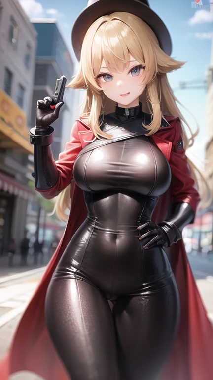 a cyber girl, with furry latex suit, technological armor, Trench coat, and cowboy hat, He is wearing a revolver holster, sexy pose sensual look at the camera