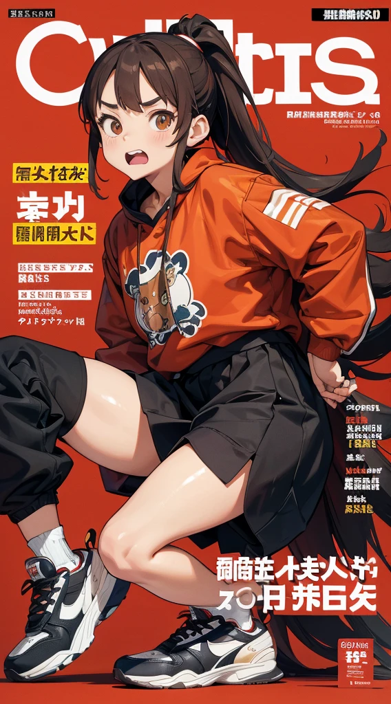 A character based on a chestnut boar, サイバーパンク, Wearing big sneakers, Magazine Cover, Simple Background, crouch start, long hair, ponytail, crazy, tsurime, crazy eyes, clenched teeth, projected inset, UHD, best quality, highres, 8k