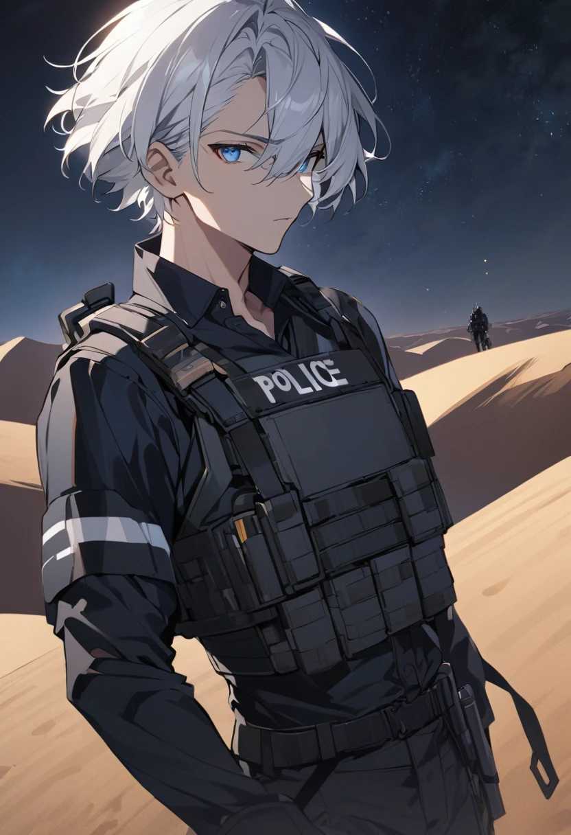Male black police suit, solo, white hair, blue eyes, short hair, desert, night