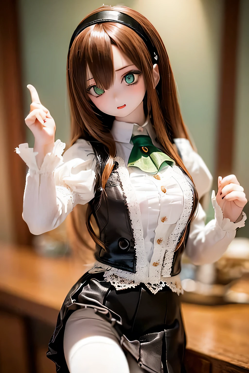 (SFW:2), photorealistic, realistic photo, 8k, ((highest quality)), ((masterpiece)), (extremely detailed), kukolnydom, doll, (mature woman, 21yo, 21 years old, solo:1.6), ((cowboy shot, stylish pose, slim, slender, skinny, medium breasts, hairband, ascot, vest, shirt, puffy sleeves, pleated skirt, black pantyhose)), (green eyes, brown hair, long hair, plastic skin, looking at another, glass eyes, gradient eyes, shining eyes, detailed eyes:1.3)