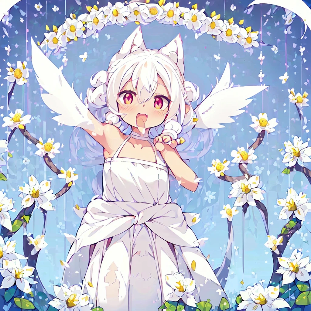 ((One girl)), (Standing diagonally facing forward:1.2), (Slightly bulging chest), (Slightly healthy tanned skin on face:0.7), (reddish-purple eyes, (mouth open with joy:1.5)
BREAK
(White cat ears:1.2), Inside the cat ears is paw-colored,
BREAK
(Pure white hair:1.6), (Softly curled pure white hair:1.6), (The hair under the cat ears behind the side hair flows forward and curls strongly on the collarbone:1.6), (Other hair is devided into several strands:1.6), (divided into several drill hair:1.4), (Hair weighs on her shoulders:1.6), (mideum length hair press down on her shoulders:1.6),
BREAK
(Pure white wings on upper body:1.2), (straight wings:1.3), (wings are small and short like a baby bird:2.0),
BREAK
(simple dress made entirely of white:1.5), (dress with slightly exposed shoulders:1.1), sleeveless, (waist tied with string:1.3), (plenty of gathers below the waist:1.4), (dress reaches the knees:1.6), petticoat is white or absent,
BREAK
(wide green grassland:1.6), (lots of white flowers:1.6), (wide clear blue sky:1.4)