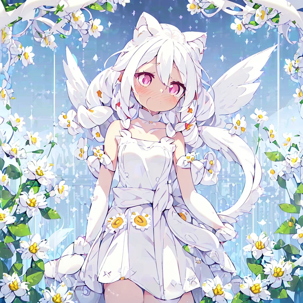 ((One girl)), (Standing diagonally facing forward:1.2), (Slightly bulging chest), (Slightly healthy tanned skin on face:0.7), (reddish-purple eyes, (mouth open with joy:1.5)
BREAK
(White cat ears:1.2), Inside the cat ears is paw-colored,
BREAK
(Pure white hair:1.6), (Softly curled pure white hair:1.6), (The hair under the cat ears behind the side hair flows forward and curls strongly on the collarbone:1.6), (Other hair is devided into several strands:1.6), (divided into several drill hair:1.4), (Hair weighs on her shoulders:1.6), (mideum length hair press down on her shoulders:1.6),
BREAK
(Pure white wings on upper body:1.2), (straight wings:1.3), (wings are small and short like a baby bird:2.0), 
BREAK
(simple dress made entirely of white:1.5), (dress with slightly exposed shoulders:1.1), sleeveless, (waist tied with string:1.3), (plenty of gathers below the waist:1.4), (dress reaches the knees:1.6), petticoat is white or absent,
BREAK
(wide green grassland:1.6), (lots of white flowers:1.6), (wide clear blue sky:1.4)