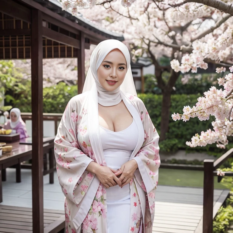 49-Years-Old, Hijab Indonesian Beautiful Mature woman, wearing Kimono, Tight Kimono, curvy body, Full body, Huge Natural breast : 3, Hard Nipple erection Through, Summer festival, At Cherry Blossom garden.