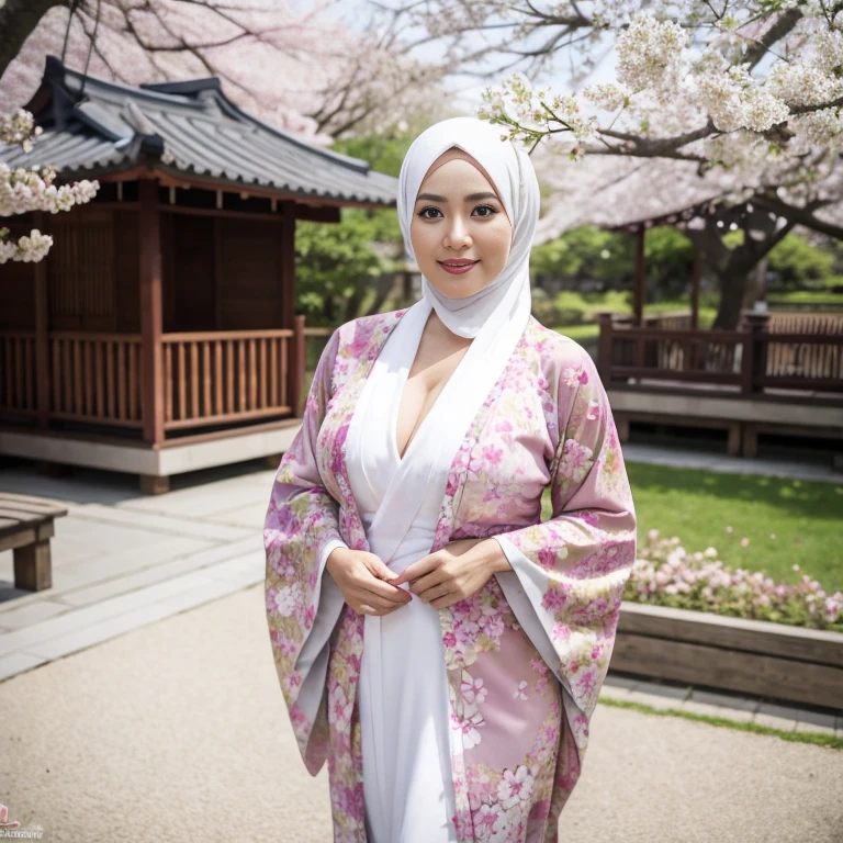 49-Years-Old, Hijab Indonesian Beautiful Mature woman, wearing Kimono, Tight Kimono, curvy body, Full body, Huge Natural breast : 3, Hard Nipple erection Through, Summer festival, At Cherry Blossom garden.