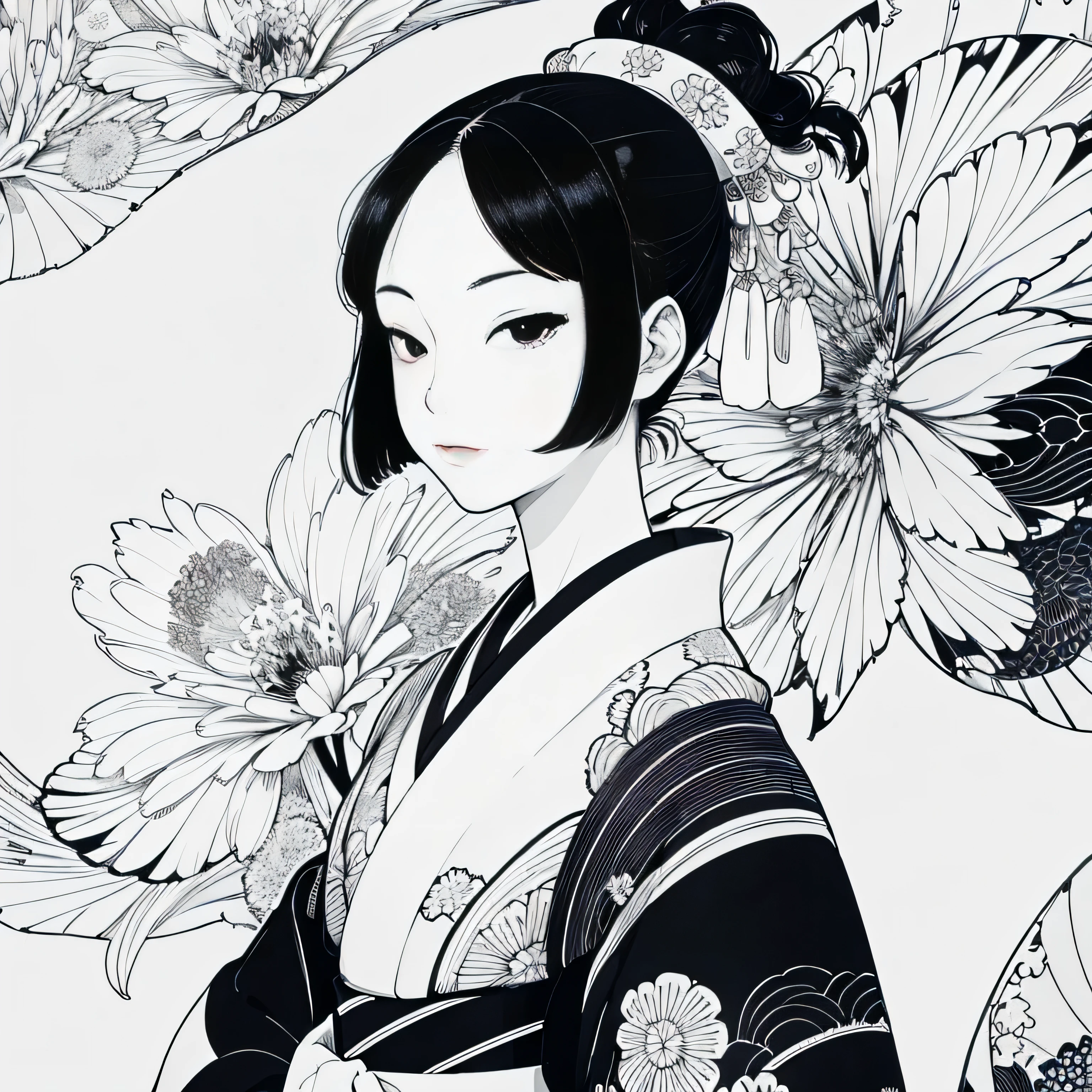 Create images inspired by the beauty of Japanese Ukiyo-e art, With delicate lines, Flat Color, Focus on patterns and composition. kimono white,kaleidoscope background,Black and White