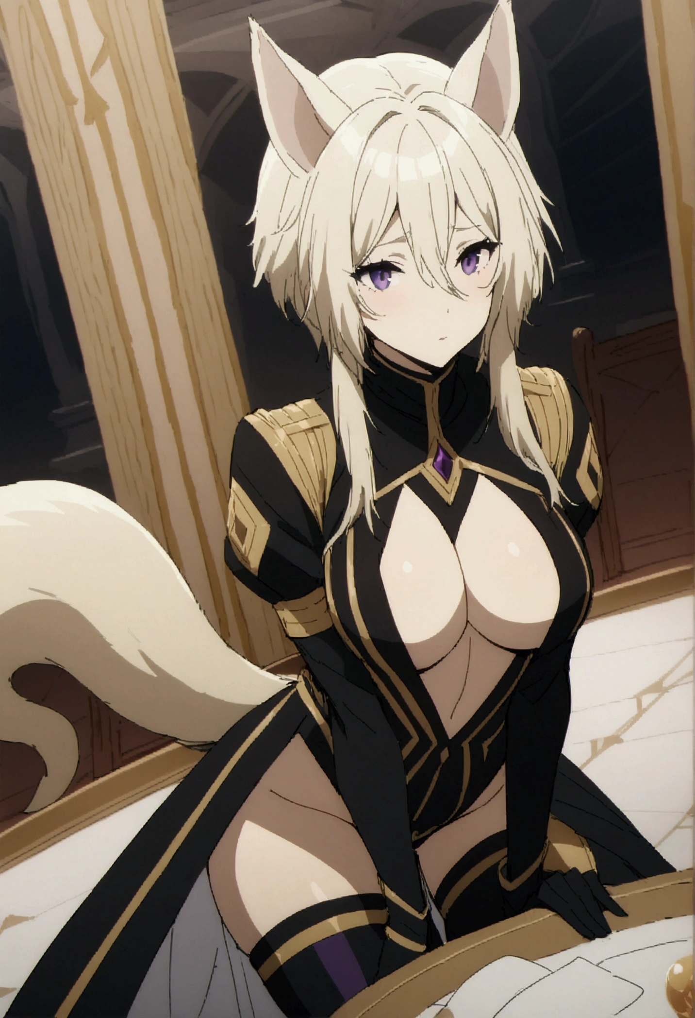 NSFW,masterpiece,Highest quality,High resolution,Very detailed,Zeta\(I want to be a secret power！\),Zeta,Animal ears、Purple Eyes、Blonde,gloves、Cleavage、tail、黒いgloves、Clothing cutouts、Cleavageの切り抜き,Luxurious mansion,Party Venue,table,noble