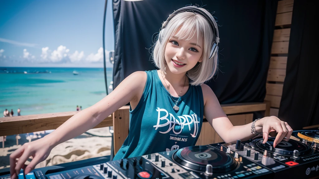 (ultra - detailed, 16K resolution, Cinema lenses, rendering by octane), (high resolution:1.18), intricate detail, (masterpiece:1.1), (highest quality:1.1), (1girl, portrait, white hair, blue eyes, short hair, detailed eyes),Wearing silver DJ headphones, sequined T-shirt, (in the beach:1.5), (Iconic hip-hop pop costumes:1.3), Smile while DJing on stage, DJ studio next to the beach, ((A stylish DJ stage on a hill overlooking the beach)), full body shot, Photorealistic photography by Sunshine, (cute round face:1.3), perfect fingers, five fingers, beautiful hands, perfect hands. master peace, cute smile, Fixhand.