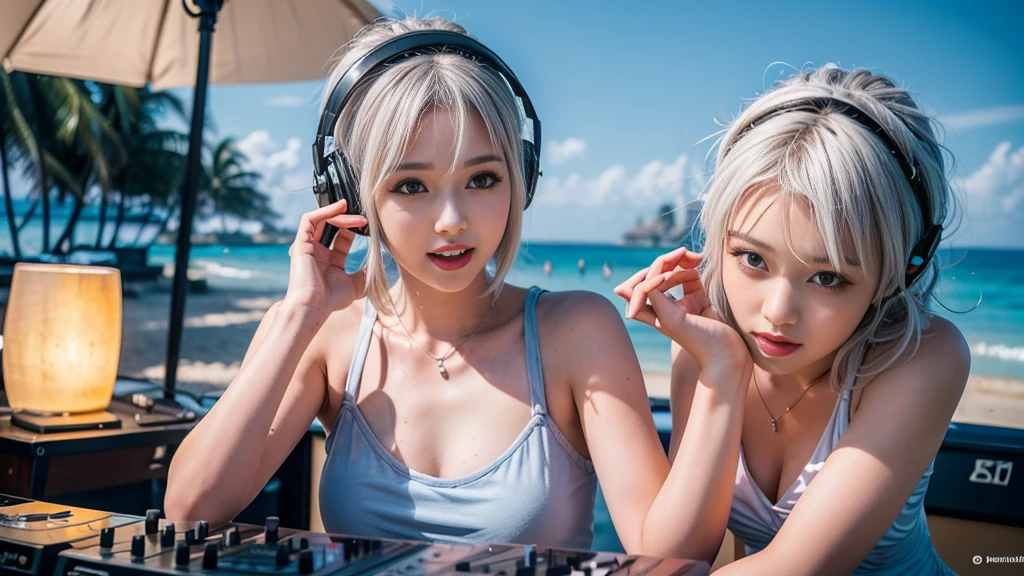(ultra - detailed, 16K resolution, Cinema lenses, rendering by octane), (high resolution:1.18), intricate detail, (masterpiece:1.1), (highest quality:1.1), (1girl, portrait, white hair, blue eyes, short hair, detailed eyes),Wearing silver DJ headphones, sequined T-shirt, (in the beach:1.5), (Iconic hip-hop pop costumes:1.3), Smile while DJing on stage, DJ studio next to the beach, ((A stylish DJ stage on a hill overlooking the beach)), full body shot, Photorealistic photography by Sunshine, (cute round face:1.3), perfect fingers, five fingers, beautiful hands, perfect hands. master peace, cute smile, Fixhand.