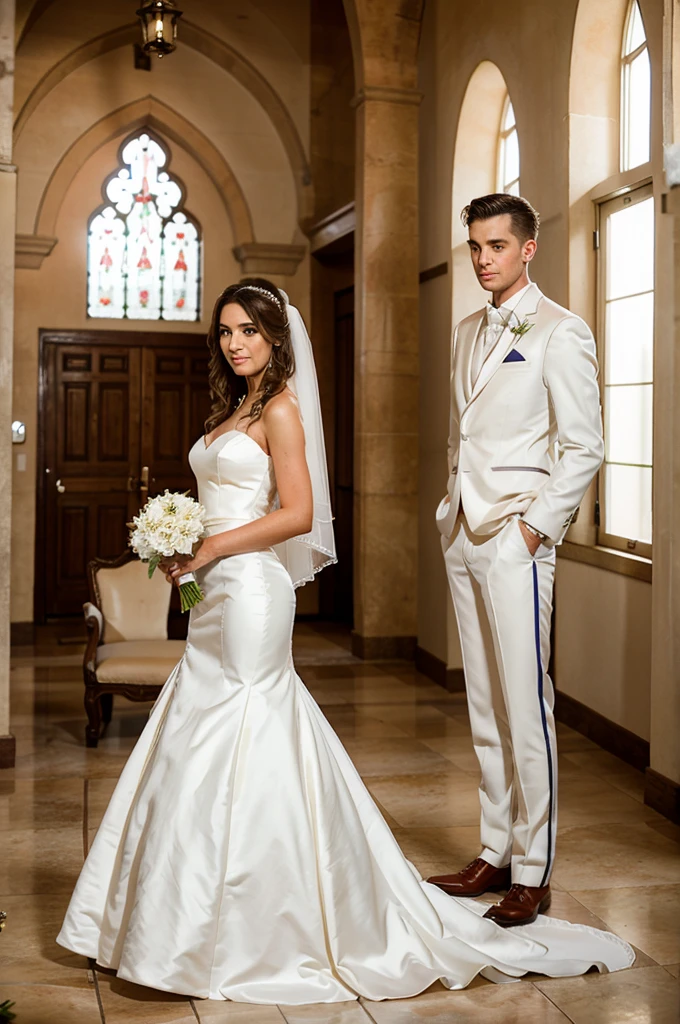 Wedding image. Groom is slim and taller. Bride is short and pearl white. Bride staring at groom