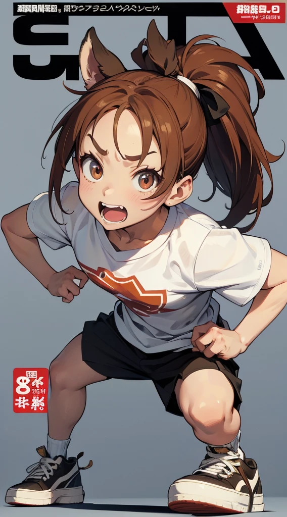 A character based on a chestnut boar, サイバーパンク, Wearing big sneakers, Magazine Cover, Simple Background, crouch start, long hair, ponytail, crazy, tsurime, crazy eyes, clenched teeth, projected inset, UHD, best quality, highres, 8k