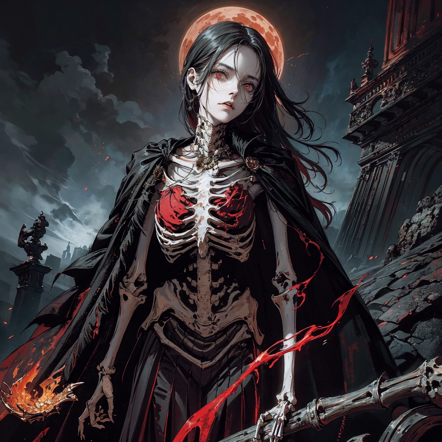 best quality, 4K, high resolution, masterpiece:1.2, Very detailed, actual:1.37, Mood lighting, An undead girl in a long cape, Torso and limb is skeleton bone but head is still beautiful human face, Wearing a ragged gothic skirt, Aloofness emotion, Dangerous sneer, Black Hair, Standing, Facing the camera, Crucified, Pitch black sky, Blood-red moon, strange atmosphere, Gothic style, Unforgettable beauty, Dramatic shadows, Ethereal Light, Mysterious atmosphere.