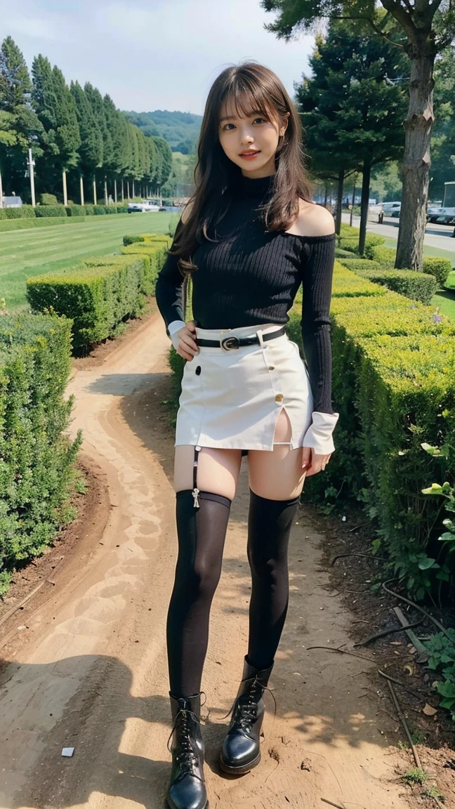 (8k、RAW Photos、Highest quality、masterpiece:1.2)、(Realistic、Realistic)、1 Girl、((mini skirt、Bodysuits、black and white knit tube top、boots、garden、View from the front、Looking at the camera、belt、Hands on your hips))、cute