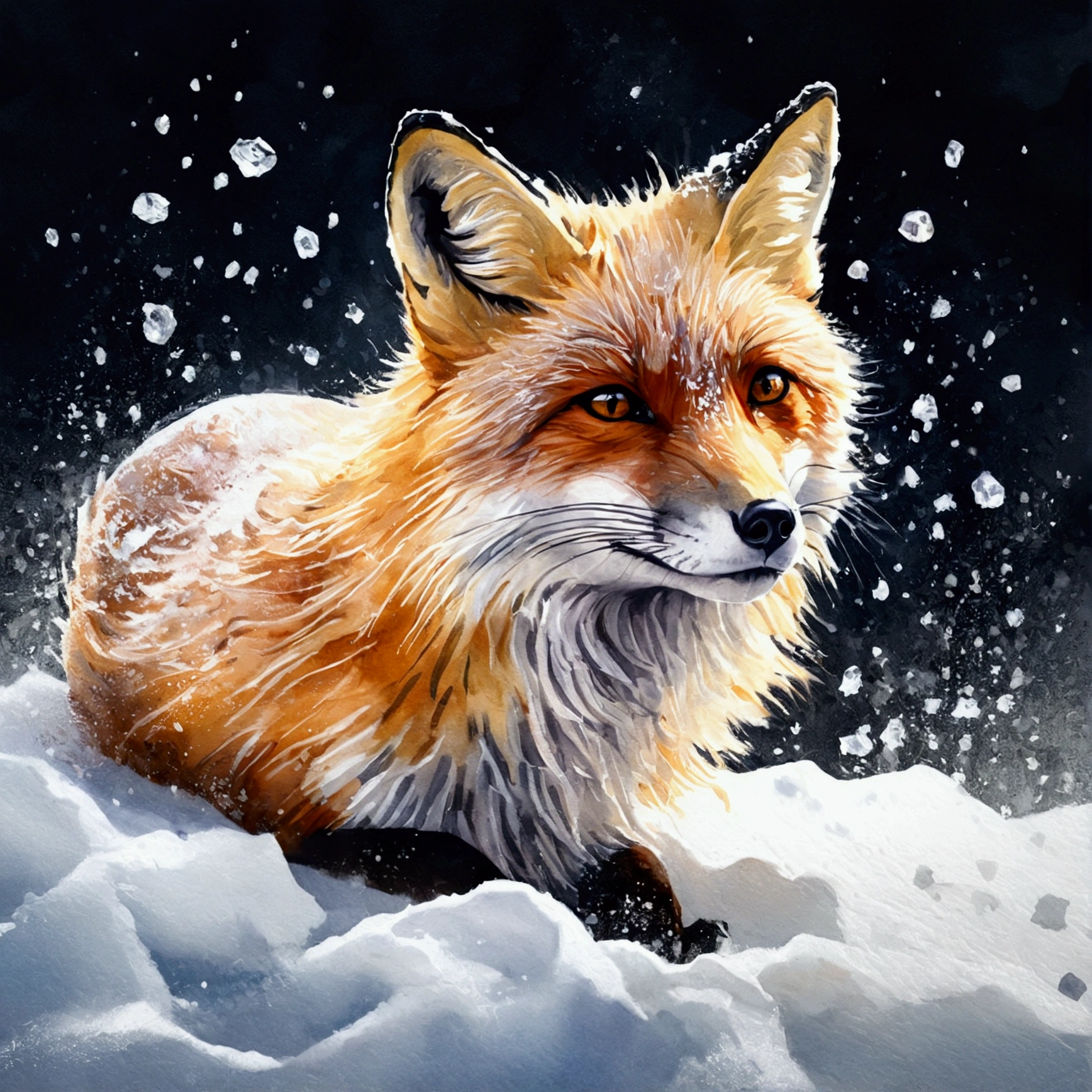 Watercolour, splash art, crystal snow fox, intricate details, HDR, beautifully shot, hyperrealistic, sharp focus, 64 megapixels, perfect composition, high contrast, cinematic, atmospheric, moody