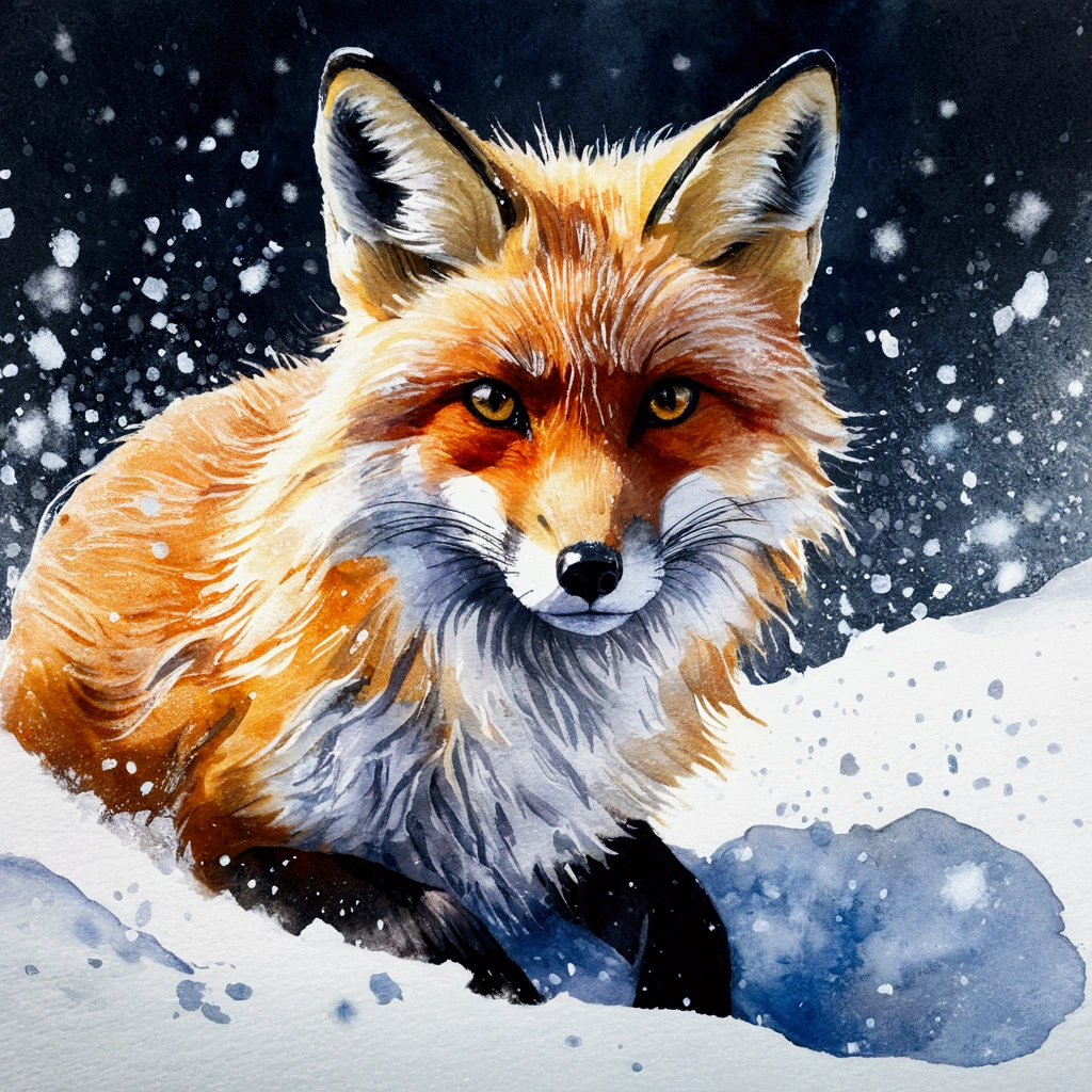 Watercolour, splash art, crystal snow fox, intricate details, HDR, beautifully shot, hyperrealistic, sharp focus, 64 megapixels, perfect composition, high contrast, cinematic, atmospheric, moody