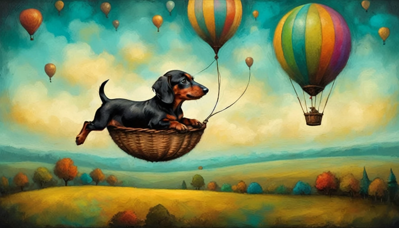 joy and fun: a dachshund puppy is flying in a balloon, (Andy Kehoe style), very colorful, ((palette of oil painting)), aesthetics, ((masterpiece)), extreme detail, expressionism, perspective, 8k