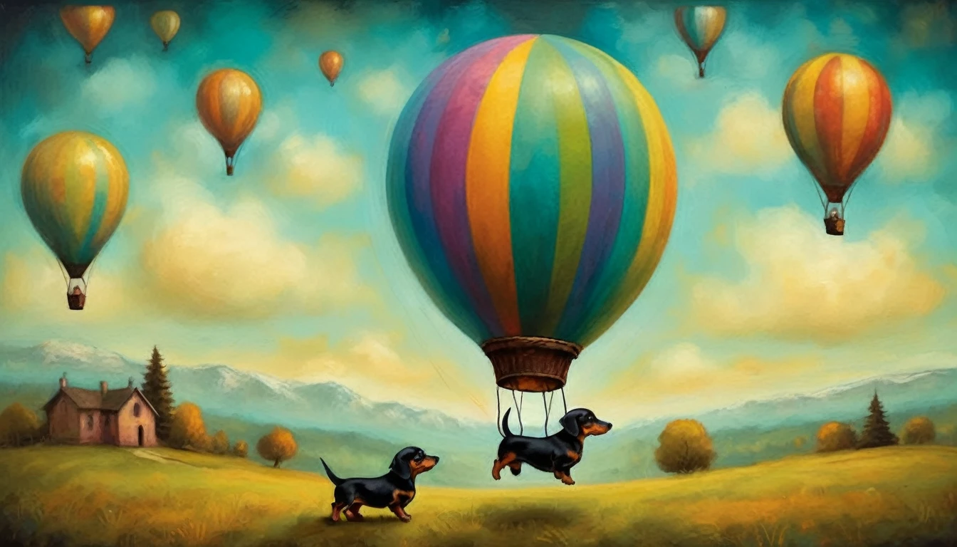 joy and fun: a dachshund puppy is flying in a balloon, (Andy Kehoe style), very colorful, ((palette of oil painting)), aesthetics, ((masterpiece)), extreme detail, expressionism, perspective, 8k