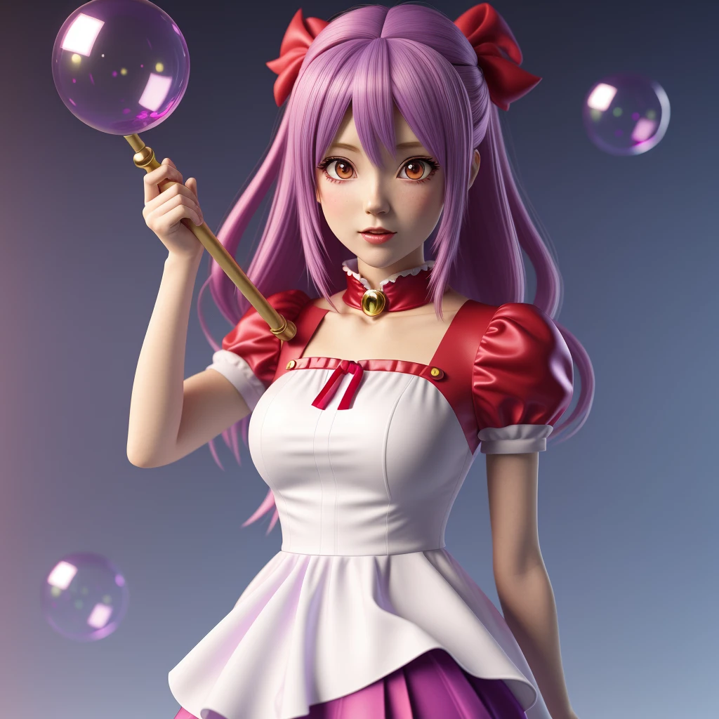 anime - style girl purple hair with a red cape and white dress holding a wand, hide fingers, anime styled 3d, render of a cute 3d anime girl, cute! c4d, stylized anime, y 2 k cutecore clowncore, bubbly, bubble goth, cute 3 d render, kawaii hq render, anime stylized, 3d anime girl, high res render, blur background