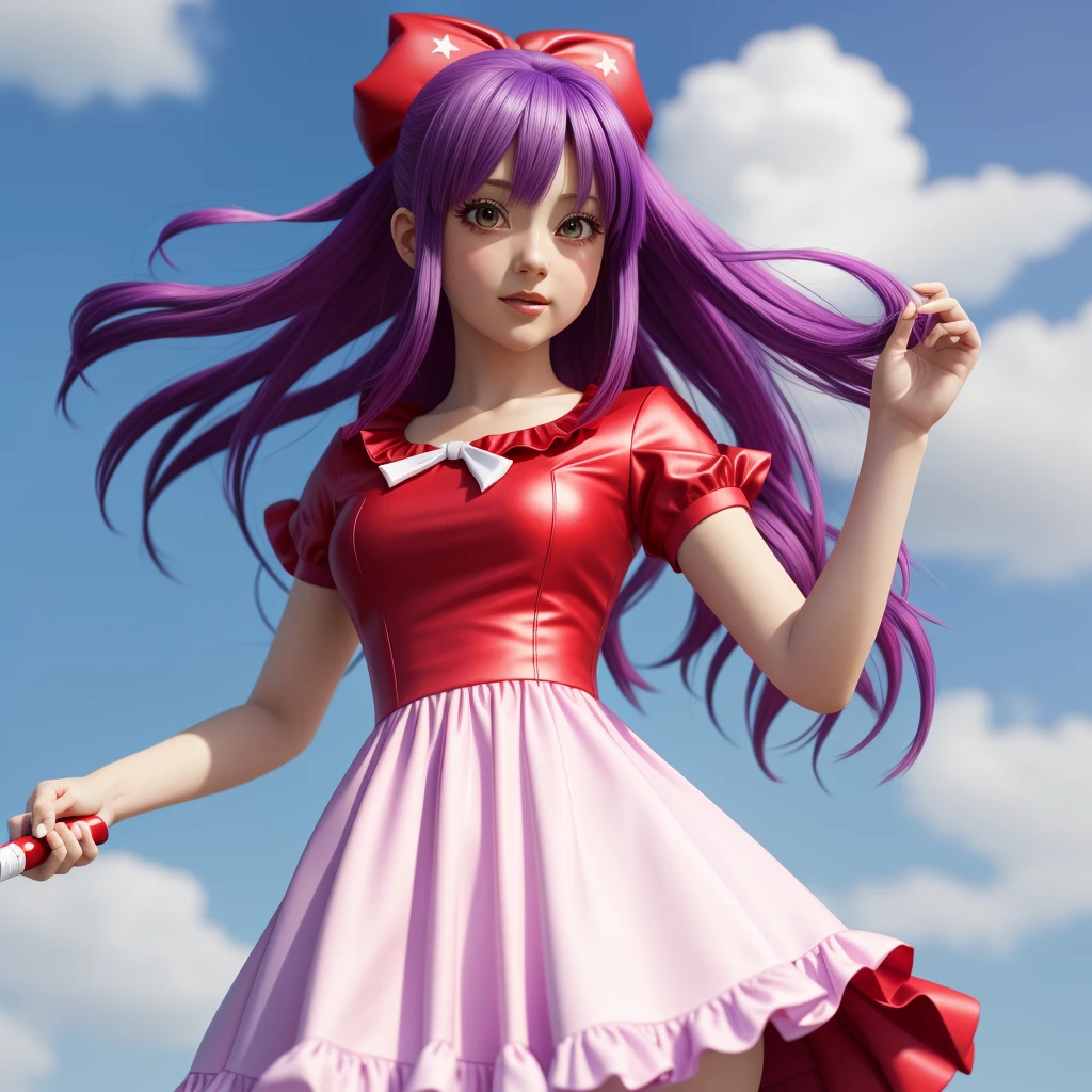 anime - style girl purple hair with a red cape and white dress holding a wand, hide fingers, anime styled 3d, render of a cute 3d anime girl, cute! c4d, stylized anime, y 2 k cutecore clowncore, bubbly, bubble goth, cute 3 d render, kawaii hq render, anime stylized, 3d anime girl, high res render, blur background