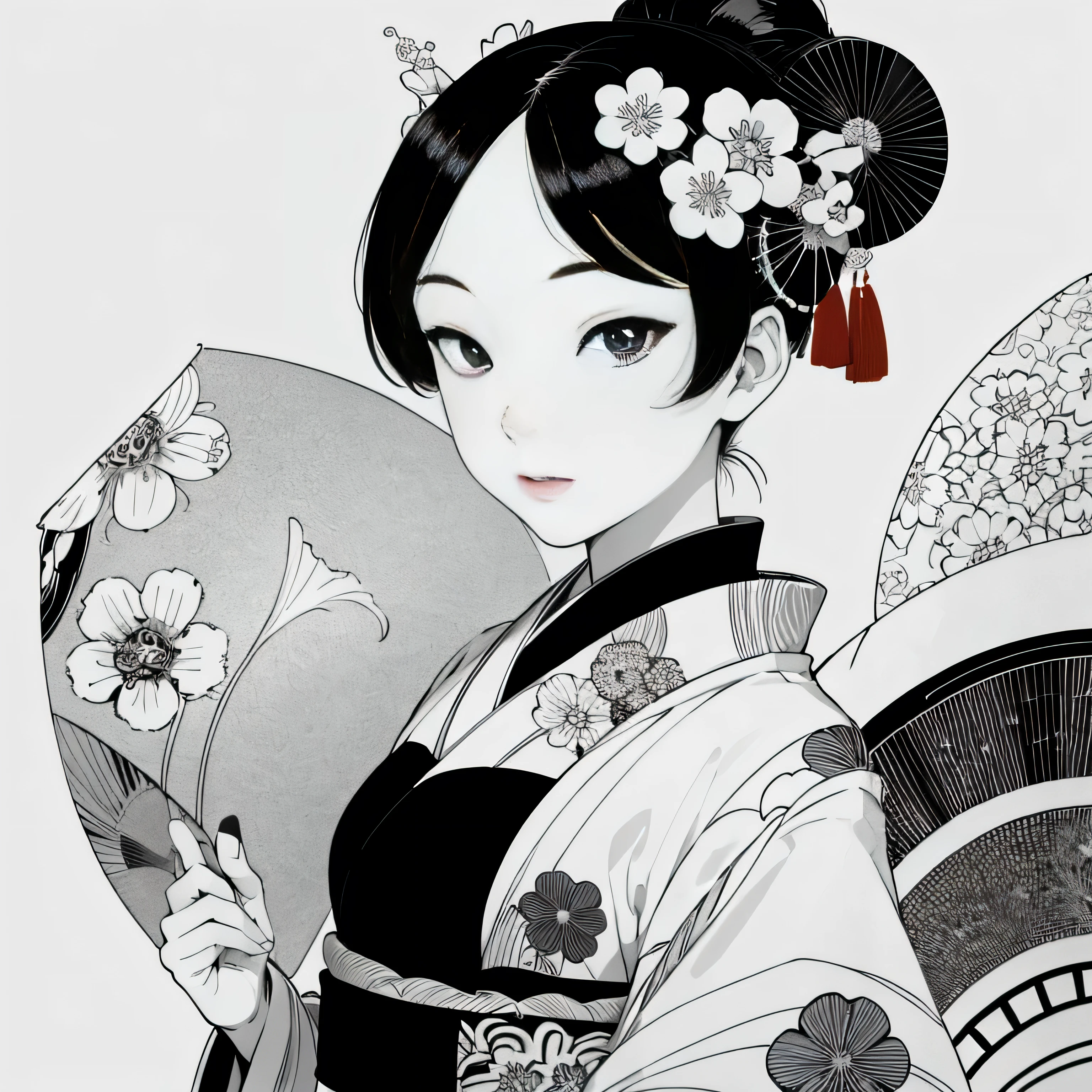 Create images inspired by the beauty of Japanese Ukiyo-e art, With delicate lines, Flat Color, Focus on patterns and composition. kimono white,kaleidoscope background，Black and White