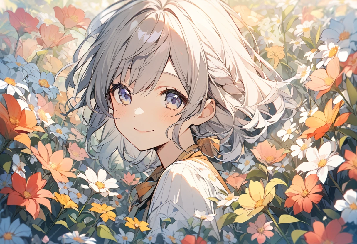 high resolution、Surrounded by flowers,Flower side,One girl,Upper Body,smile,I&#39;m laughing so hard my eyes are closing,A big smile,Black Hair,long,Shiny Hair, hand to own mouth