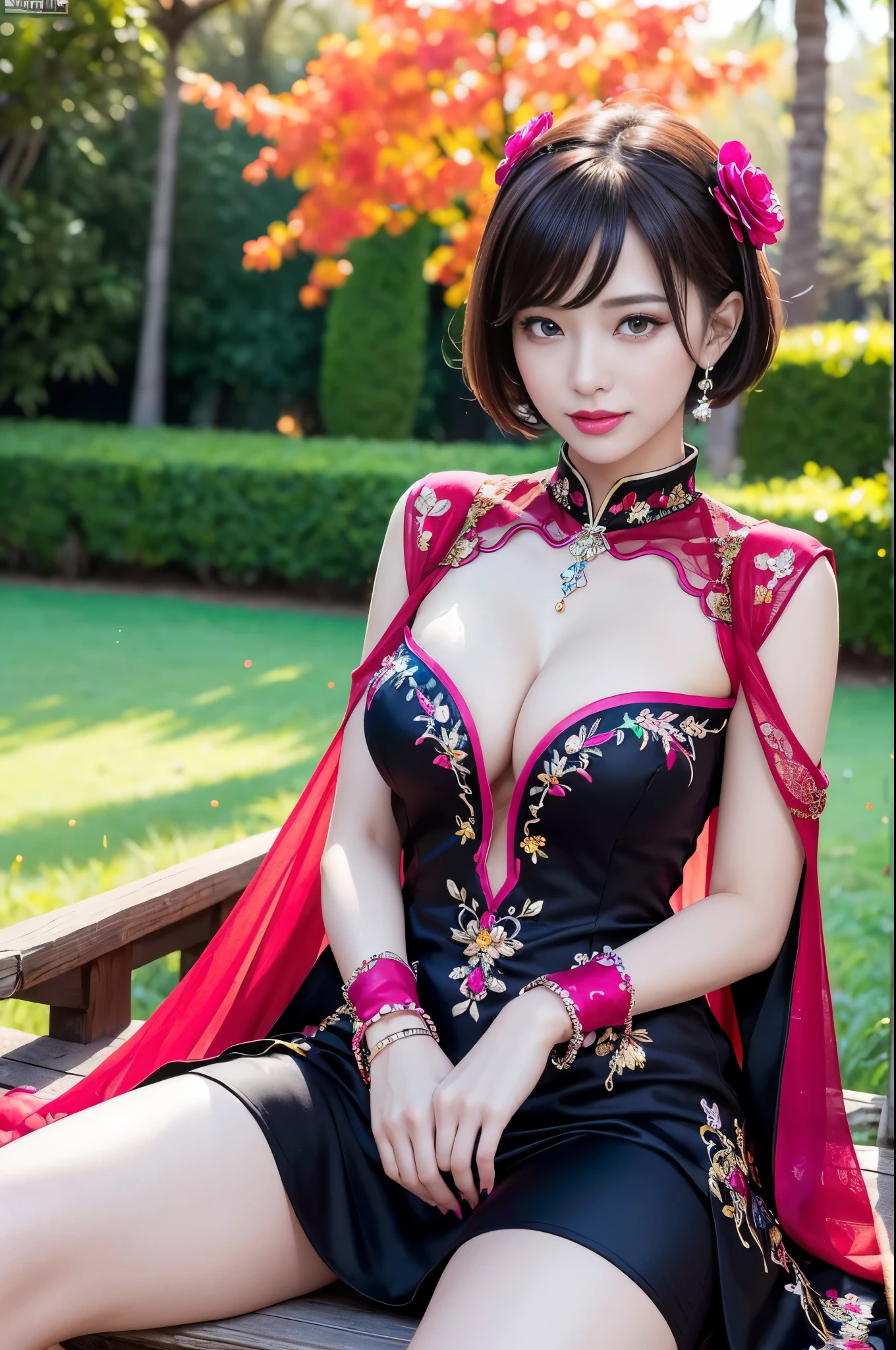 (masterpiece:1.4), (best quality:1.4), ultra high res, ultra high resolution, ((detailed facial features)), HDR, (realistic, photorealistic, photo-realistic:1.37), full body Esbian, sexy Vietnamese model, (-anime), vivid colors, ((vivid colors multicolor (red, fuchsia) very short hair)), (happy smile), lip-gloss, long lashes, ultra detailed metallic makeup, defined eyebrows, wearing large sparkling colorful jewelery, wearing a red silk Paradise Kiss cosplay dress with black floral embroidery, ((vivid colors outfit)), vivid colors, look at the camera, cinematic light, large park background with trees, sweet and sexy pose