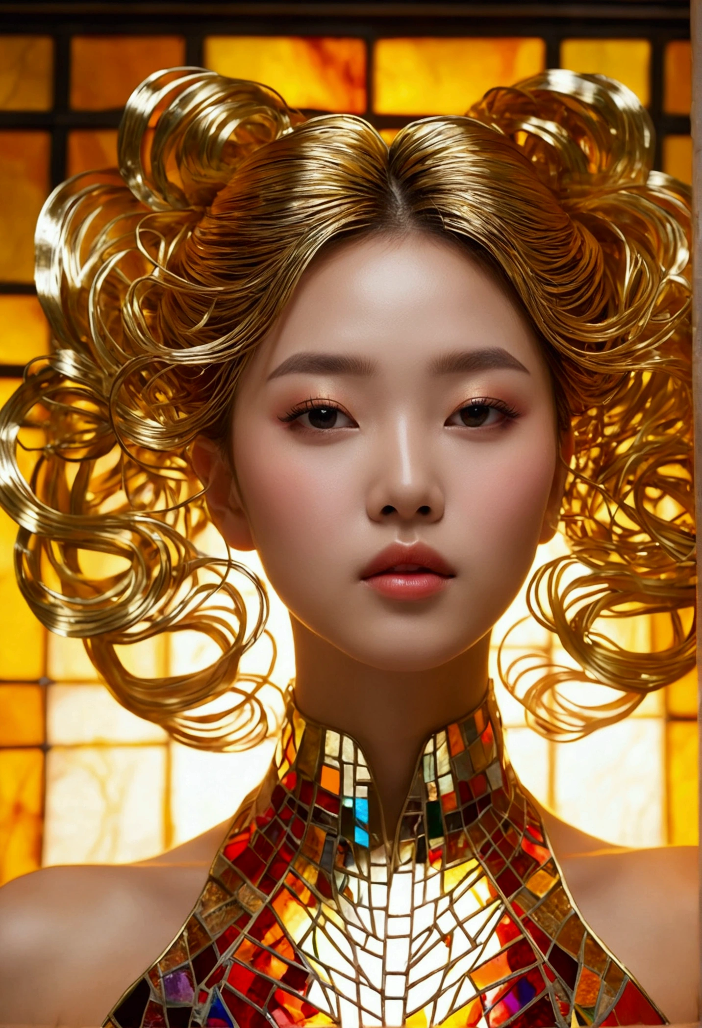 (masterpiece, Highest quality, Highest quality,Official Art, beautifully、Super Gold Hairstyle、aesthetic:1.2),(One girl:1.3), One girl BREAK stained glass art, Colored Glass, Lead wire, Light transmission BREAK Vivid colors, Intricate Design, Glowing effect, Spiritual atmosphere、Background abstract korean style,strip dancer