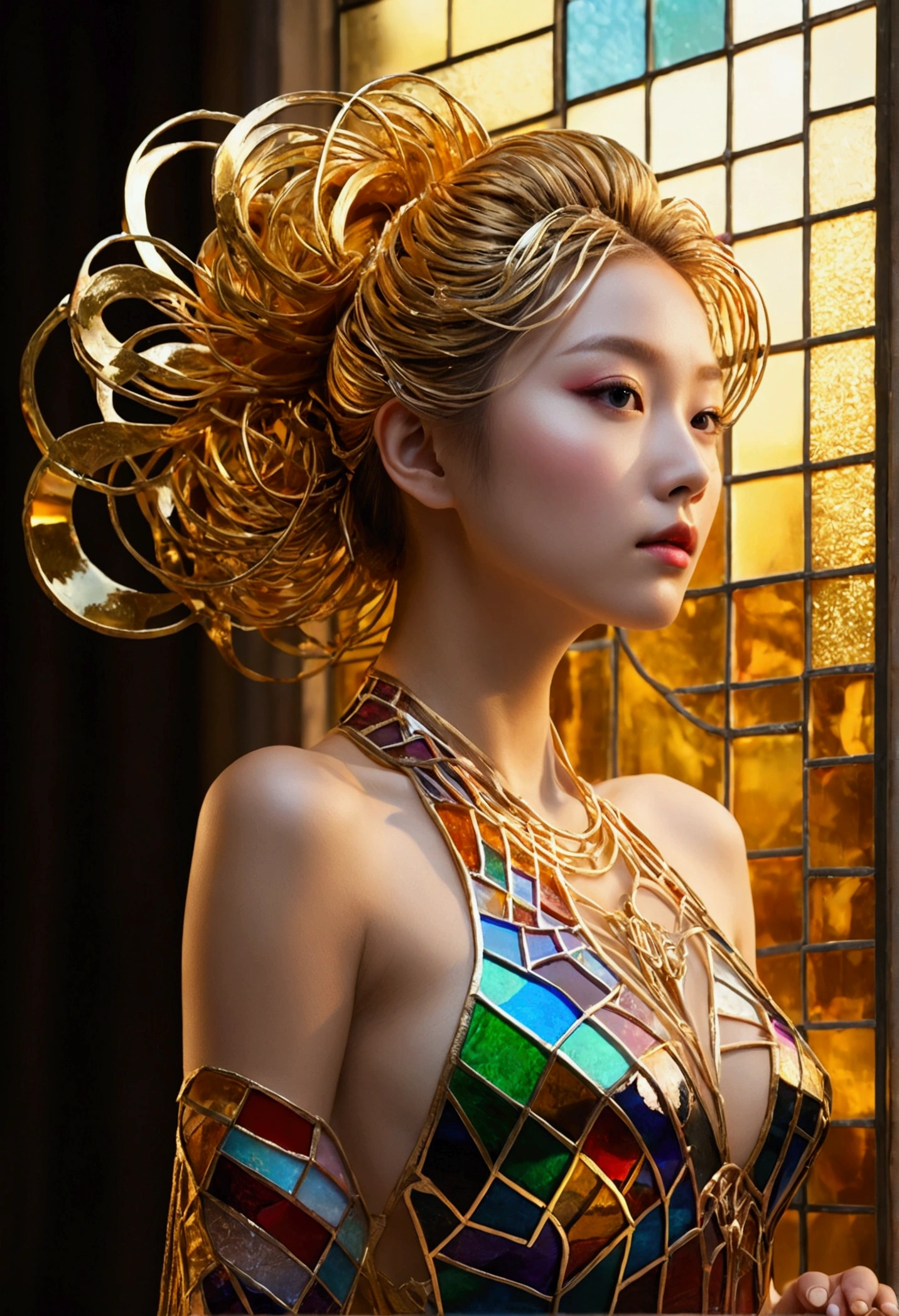 (masterpiece, Highest quality, Highest quality,Official Art, beautifully、Super Gold Hairstyle、aesthetic:1.2),(One girl:1.3), One girl BREAK stained glass art, Colored Glass, Lead wire, Light transmission BREAK Vivid colors, Intricate Design, Glowing effect, Spiritual atmosphere、Background abstract Japanese style
