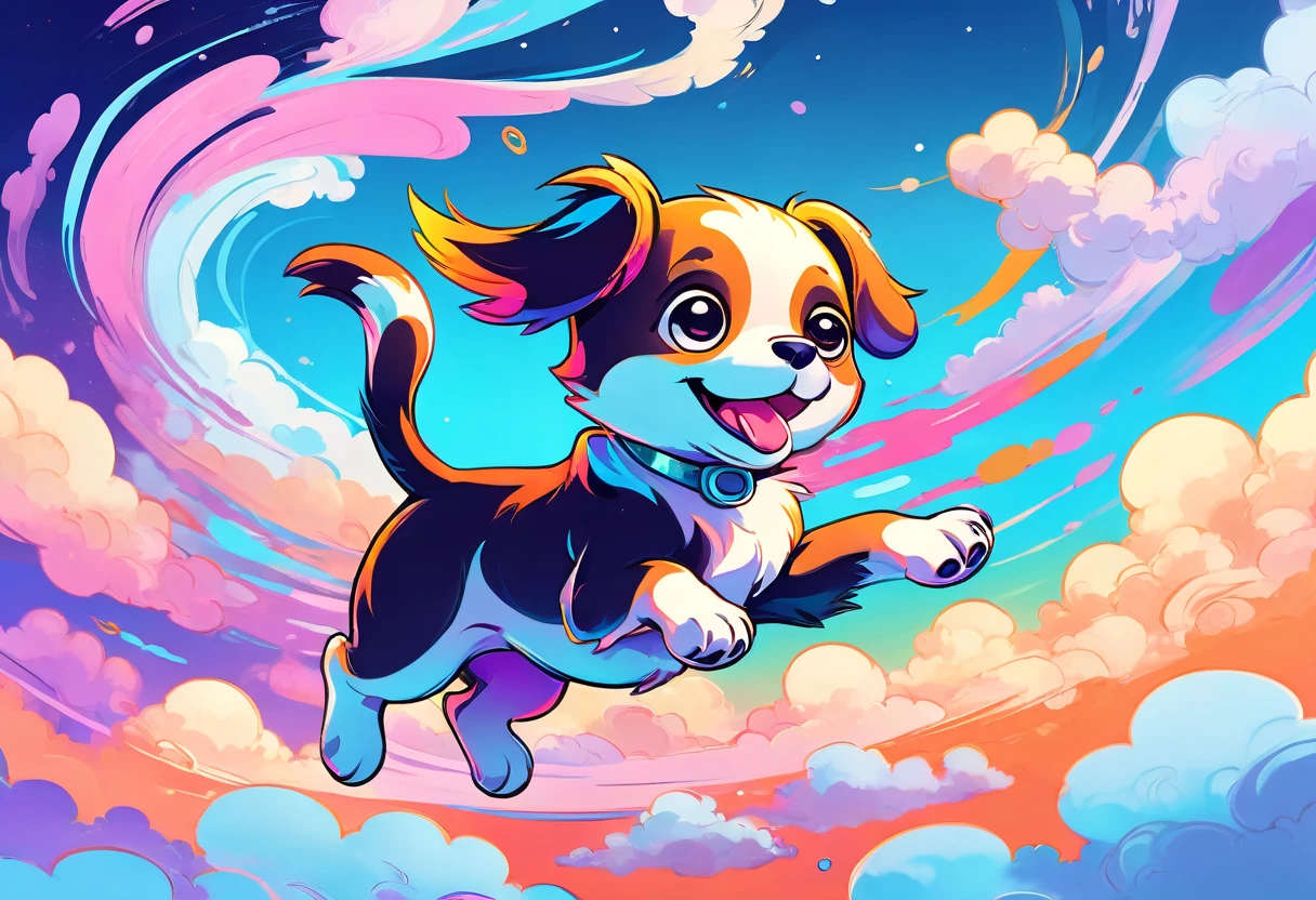 Swirl art puppy cartoon character, Marker Outline, cute, Anime Style, Dynamic pose with arms and legs stretched out, whimsical expression, Floating in the stratosphere、I can see the clouds below、Bright and vibrant colors, Dynamic Lighting, Digital Painting, masterpiece, (Highest quality,4K,8k,High resolution,masterpiece:1.2)