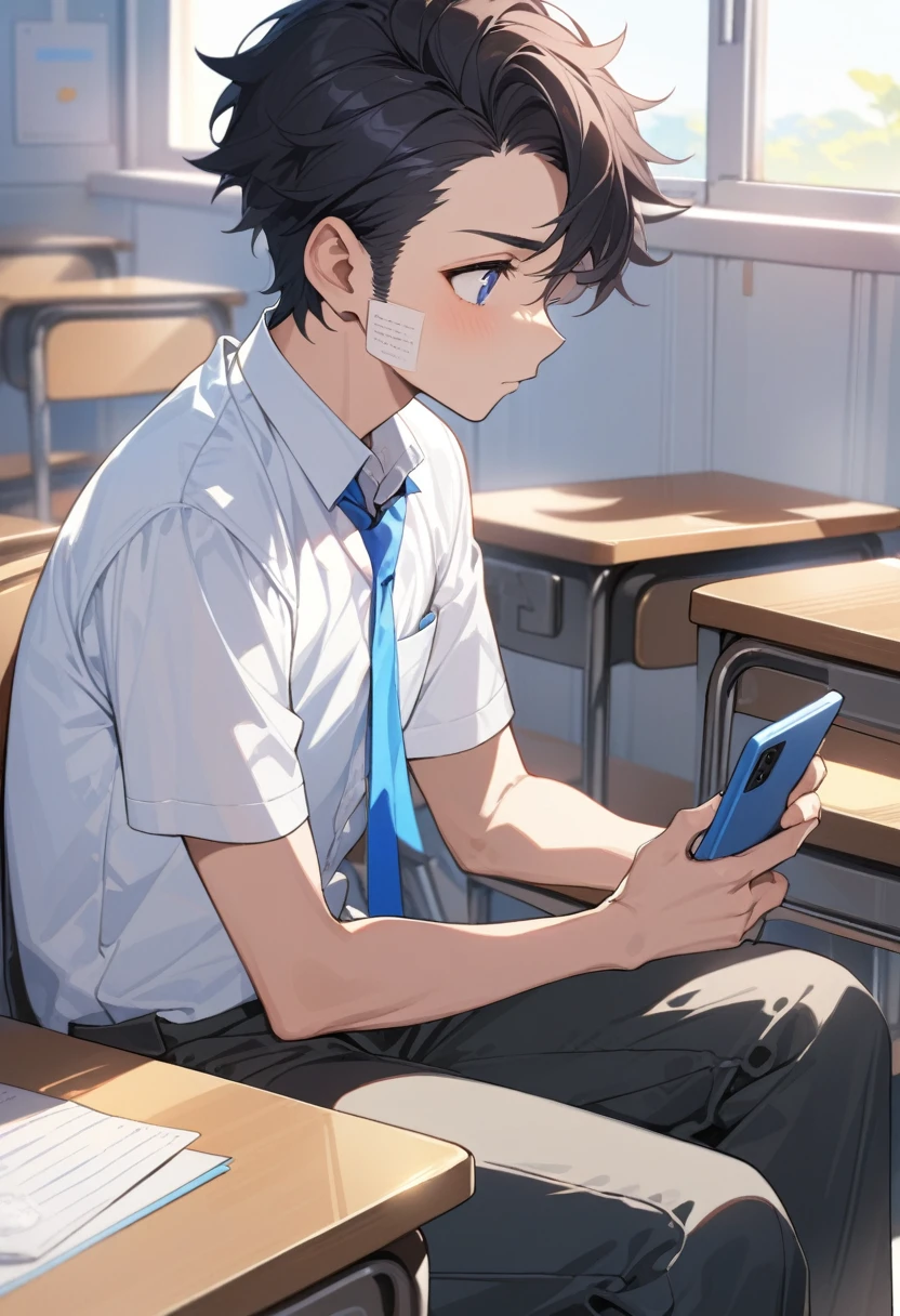 masterpiece, best quality, extremely detailed, ultra detailed, flat anime, 2D, ((1boy)),black hair, (short hair:1.5),blue eyes, height 1.7meters, (circle eyes:1.2), (young adult:1.2), Ear-length sideburns,height 1.7meters, High School Uniforms, white shirt, blue tie, ((short sleeves)), ((long pants)), sitting, closed mouth, thinking, upper body, summer, classroom, 11AM,looking at his smart phone., Operating a smart phone
