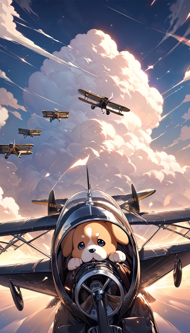 Highest quality, Highest quality, 16K, software, Unbelievably absurd, Very detailed, delicate and dynamic, Natural light, The particles reflect light beautifully, Diffuse reflection of light, Vortex of Light, Aerial, biplane, cumulonimbus, , Create amazing image effects, Body close-up, biplane, (Cute Puppy,,,Serious,, Biplane pilot, Leather jacket,, Sit in the cockpit, Puppy pilots biplane)