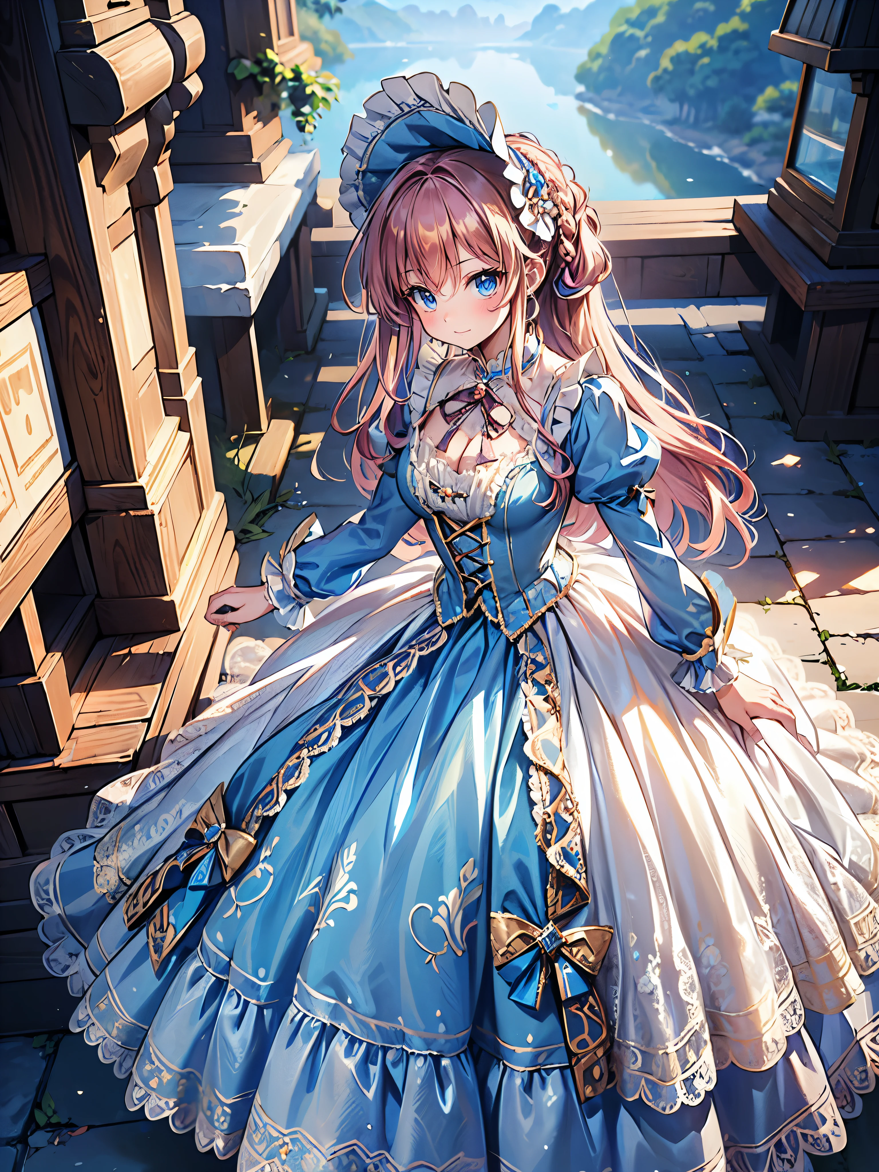 ((Superbly detailed drawing, ultra detailed, exquisite quality, absolutely resolution)), (((young face solo princess))), (((Unsurpassed gorgeous rococo victorian gown with voluminous huge hoopskirt and long hems, hot pink gown,  princess style skirt:1.5))), ((transparency gown, fluffy and full of pleats skirt:1.3)), (Super detailed and intricate exquisite design gown:1.5), ((overwhelming amount many ruffles with ribbons with intricate lace with Super detailed and intricate embroidery:2)), ((huge breasts, breasts cleavage)), (ponytail, fluffy long Expressive, hair pink hair), super voluminous long hair, hair ornament tiara, happy smile, ((upper body, looking up, looking at viewer, from above, leaning forward, from front, curtsey:2)), (blurry background, depth of field:1.5), super detailed skin, super delicate and beautiful face, (eyes blue eyes), (backlighting, particle effect, caustics), (((sharp focus))), (((breasts focus))),  