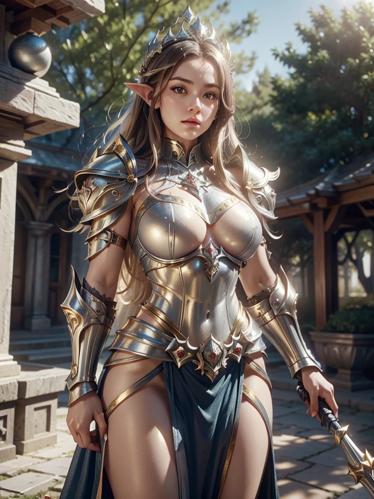 Realistic image cinematic shadows. in the courtyard. of the kingdom. There is Elven Woman Queen, With Crown, Illuminated Face, Hips, Toned, Big Breasts Round and large, ((spruce neckline in a silver armor, gold ornaments)) reflecting the sunlight.