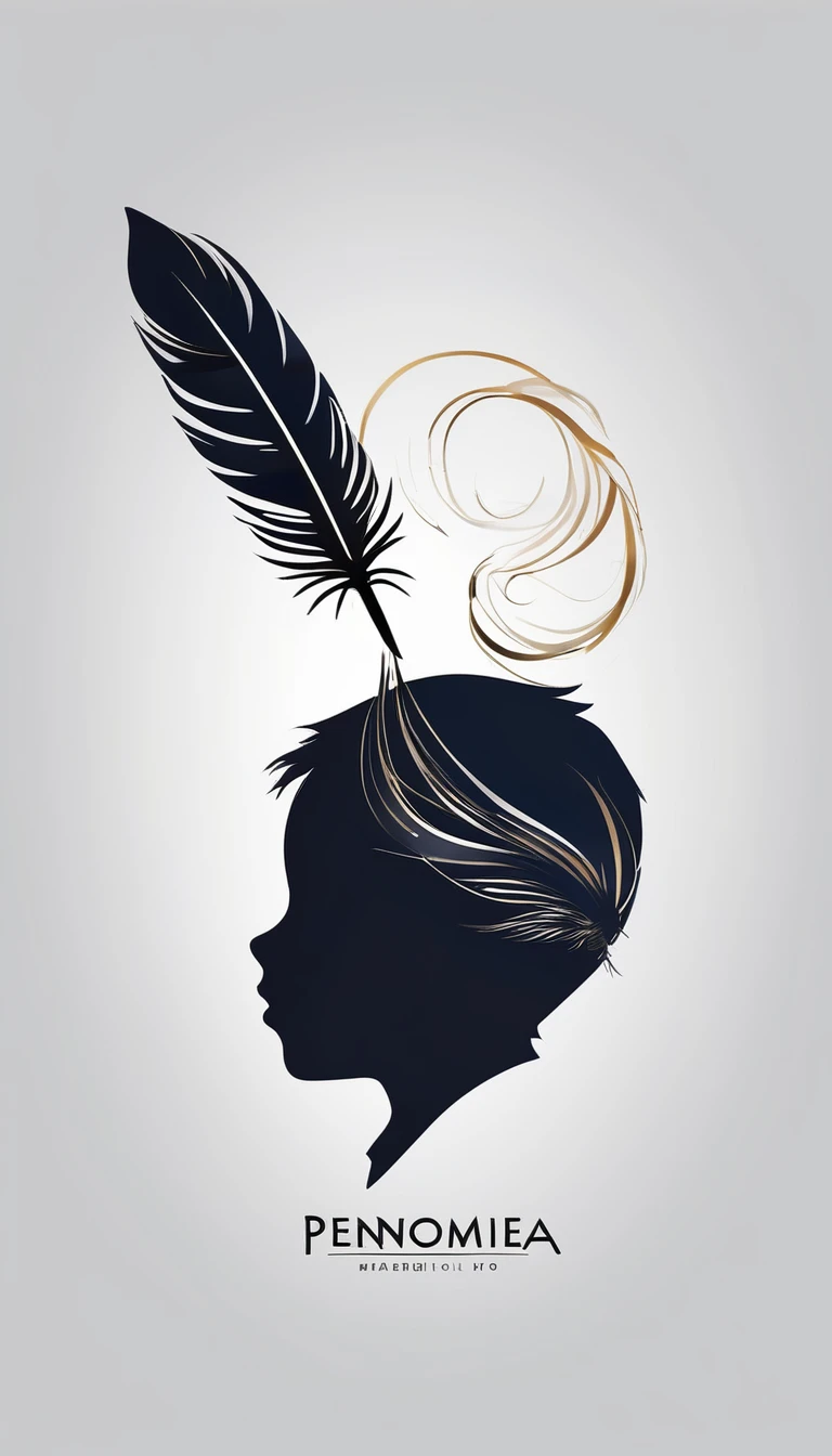A minimalist, fantastic, poetic, dreamy, captivating, memorable, masterpiece, modern, simple logo design of a boy and a feather for the brand “Penamemoria". The logo must convey a sense of music, stories and dreams. Minimalistic logo design of a boy and a feather.
