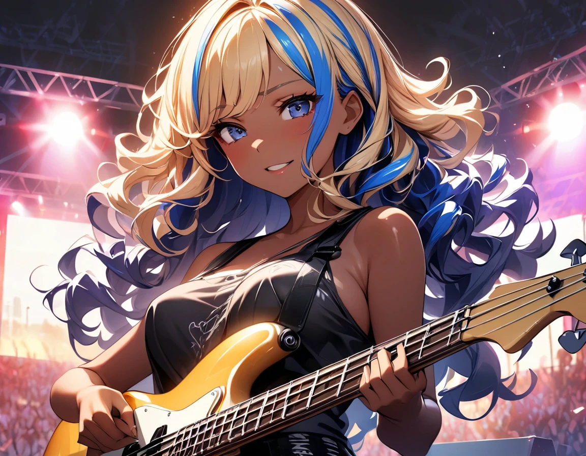 (highest quality:1.2, Very detailed, up to date, Vibrant, Ultra-high resolution, High Contrast, masterpiece:1.2, highest quality, Best aesthetics), Portraiture、girl、slim, stage、performance、Rock Music、Bright colors、Beautiful fine details、Beautiful lip detail、extra short hair, ((wavy hair:1.3))、messy hair, blonde and blue ((streaked hair:1.5)), highlights hair: 1.3, middium breast, (tan skin:1.3), Music band、Cheerful pose、Concert Light、Edgy Style、black tank top、Dynamic Movement、hypnotic sounds、Stadium、amplifier、Loud music、Electric bass、((playing bass:1.3)), Fender bass, (mike stand:1), Powerful vocals、Passionate performance、Sparkling stage、Concert atmosphere、Music Festival、Full of emotion、Rock star attitude、Resolute expression、Avid Fan、The presence of an attractive stage、 Expressive gestures、Rock star aura、An exciting atmosphere、Sing with all your heart、An unforgettable show, (upper body),
