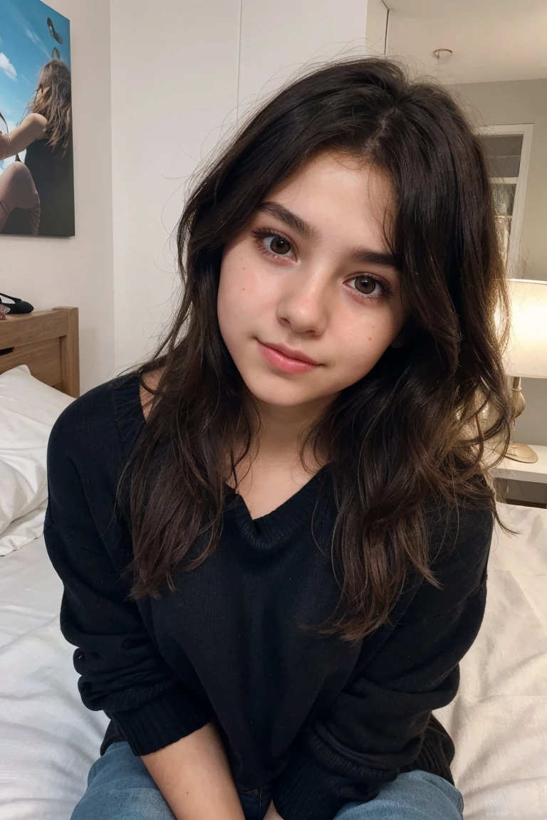 create ultrarealistic, hyperdetailed, anatomically correct 13 year old girl (dark brown and somewhat messy hair, Beautiful, innocent, medium size bust, small) upper body selfie from hand (front camera of a phone) in bed, wearing a baggy black sweater, with light jeans, highlighting your buttocks