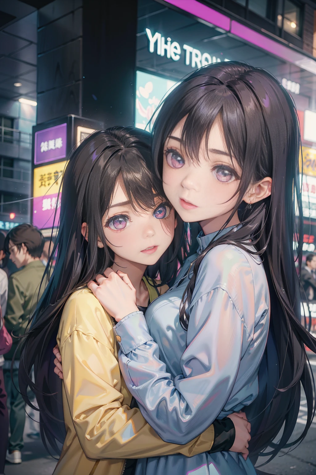 Two girls hugging each other, One has long black hair......., Purple eyes..., The other has long ash-gray hair......., Green eyes..., High quality, a couple , Girls love girls............., Yuri ,beautiful  Girl, lesbian, Lovers ,. Koi., . expression of love. Lovers. date. , street wear. Jacket ,Room，Holding a bouquet of flowers，Celebrate，