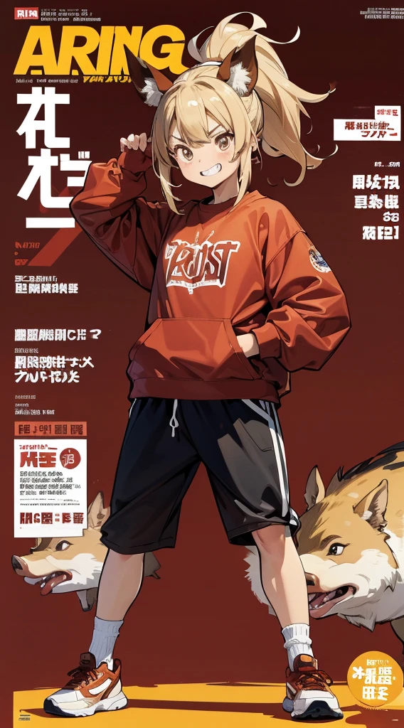 A character based on a chestnut boar, サイバーパンク, Wearing big sneakers, Magazine Cover, Simple Background, crouch start, Boar ears, long hair, ponytail, crazy, tsurime, crazy eyes, clenched teeth, projected inset, UHD, best quality, highres, 8k