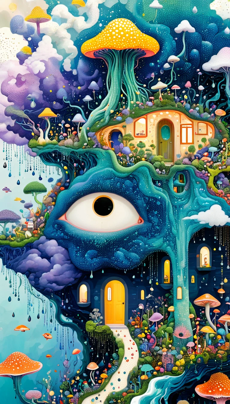 Strong visual fusion of multiple elements,broto,来自star的艺术家,Dopamine color scheme,house、Eye、Bead curtains、pearl、star、cloud、Spore powder、Ocean、rain、Tentacles,Describing the inner world of autistic people,Intensive Pointillism method。Smooth lines。interesting,Strange illustration。Pointillism method。Strong contrast。Award-winning works。