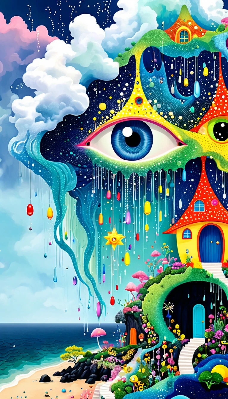 Strong visual fusion of multiple elements，broto，来自star的艺术家，Dopamine color scheme，house、Eye、pearl bead curtain、pearl、star、cloud、fish、Spore powder、Ocean、rain、Tentacles，Describing the inner world of autistic people，Intensive Pointillism method。Smooth lines。interesting，Strange illustration。Pointillism method。Strong contrast。Award-winning works。