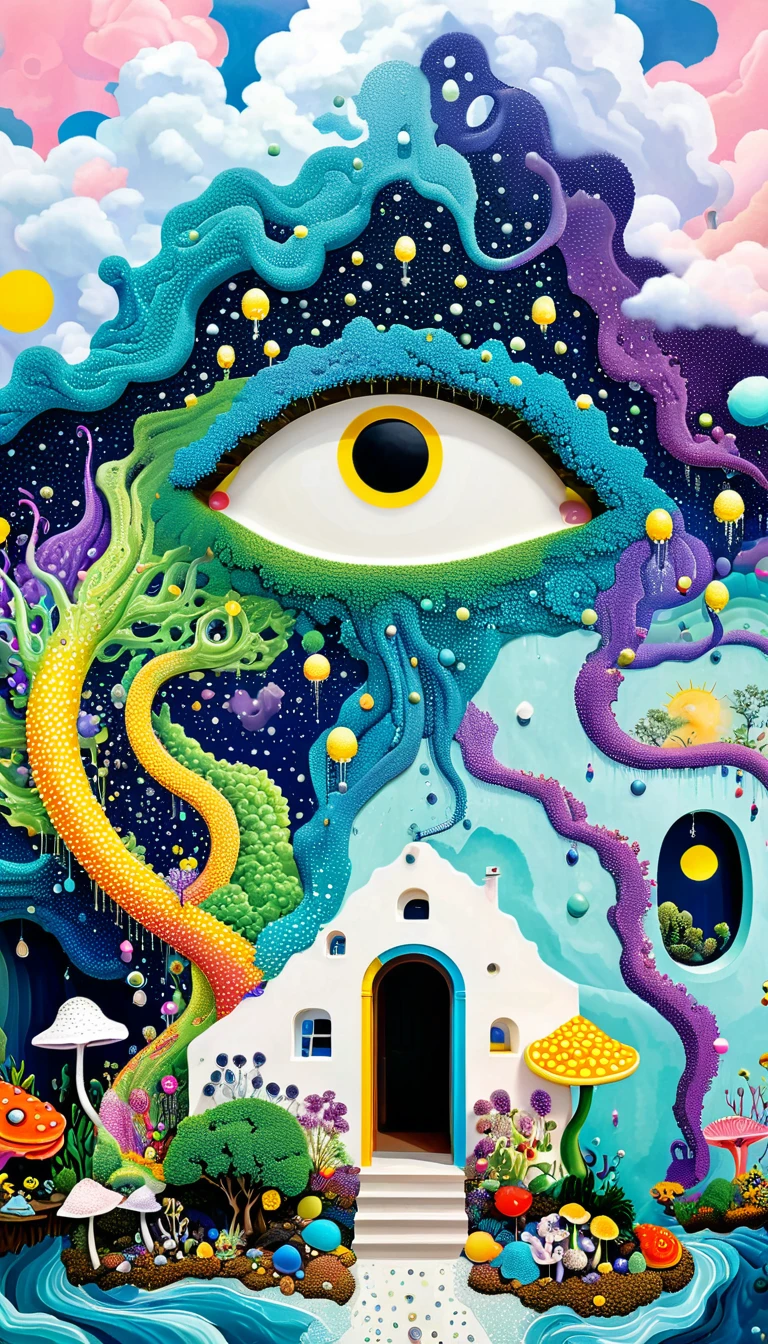 Strong visual fusion of multiple elements，Broto，来自Star的艺术家，Dopamine color scheme，house、Eye、Bead curtains、pearl、Star、cloud、Spore powder、Ocean、rain、Tentacles，Describing the inner world of autistic people，密集Pointillism method。Smooth lines。interesting，Strange illustration。Pointillism method。Strong contrast。Award-winning works。