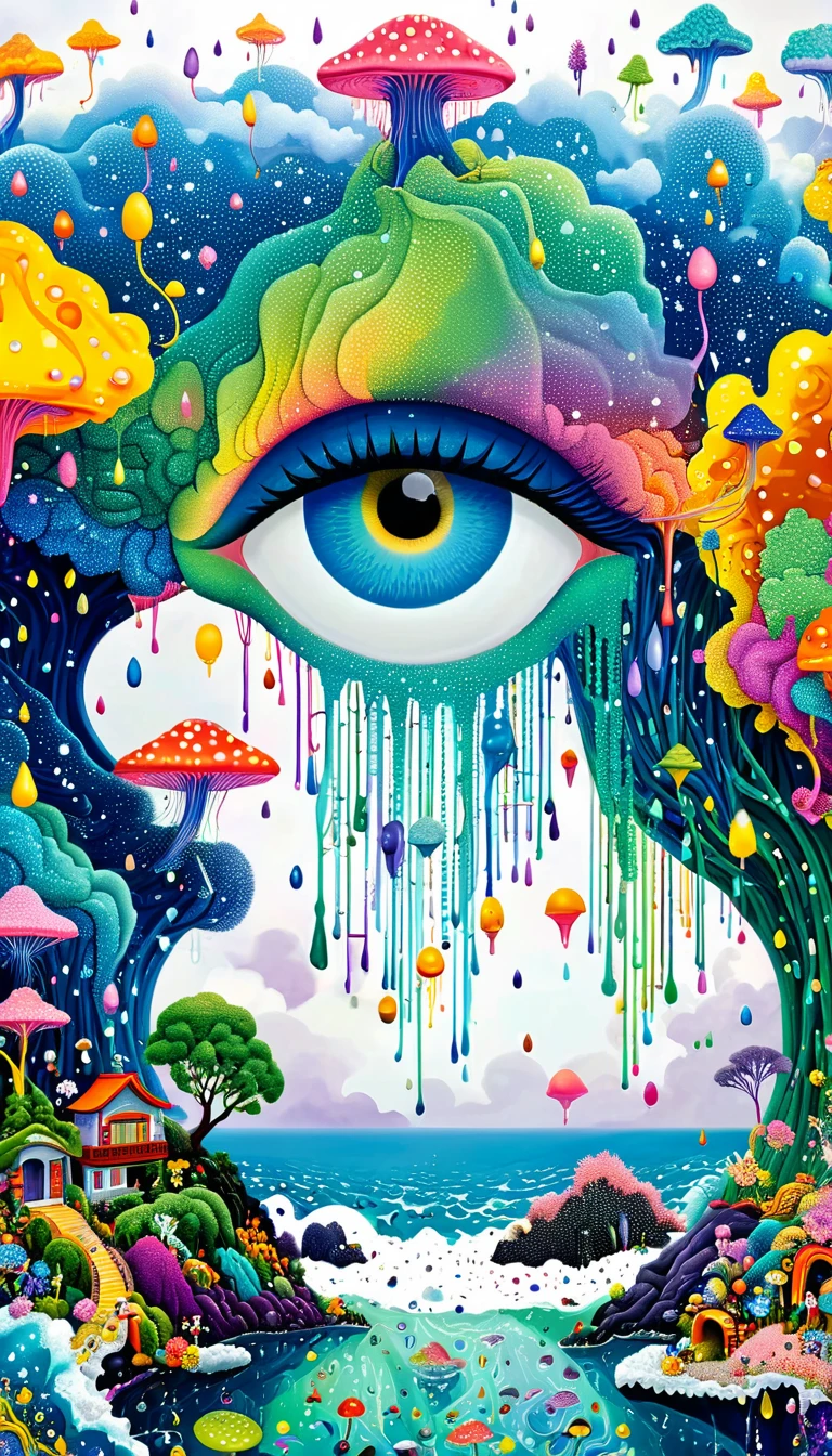Strong visual fusion of multiple elements，broto，来自star的艺术家，Dopamine color scheme，house、Eye、pearl bead curtain、pearl、star、cloud、fish、Spore powder、Ocean、rain、Tentacles，Describing the inner world of autistic people，Intensive Pointillism method。Smooth lines。interesting，Strange illustration。Pointillism method。Strong contrast。Award-winning works。
